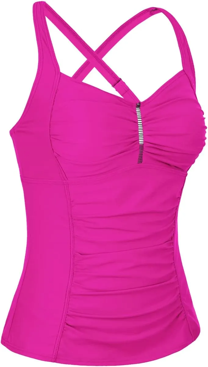 Hilor Women's Tankini Tops Shirred Tummy Control Swimsuits Cross Back Tankini Swimwear Tops