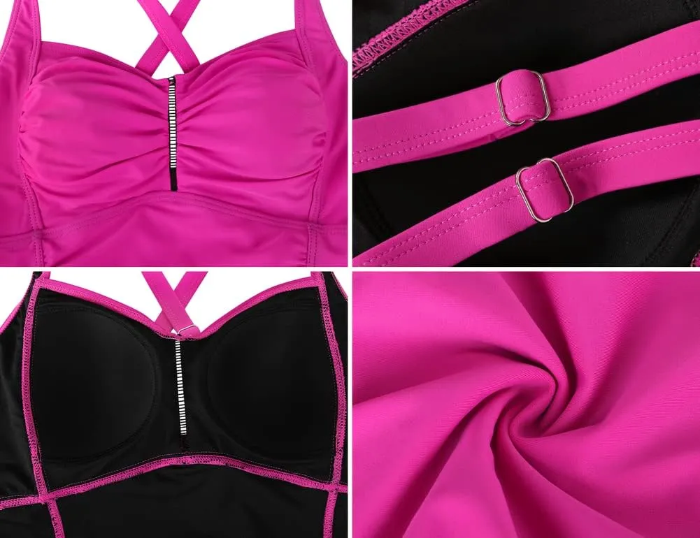 Hilor Women's Tankini Tops Shirred Tummy Control Swimsuits Cross Back Tankini Swimwear Tops