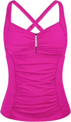 Hilor Women's Tankini Tops Shirred Tummy Control Swimsuits Cross Back Tankini Swimwear Tops