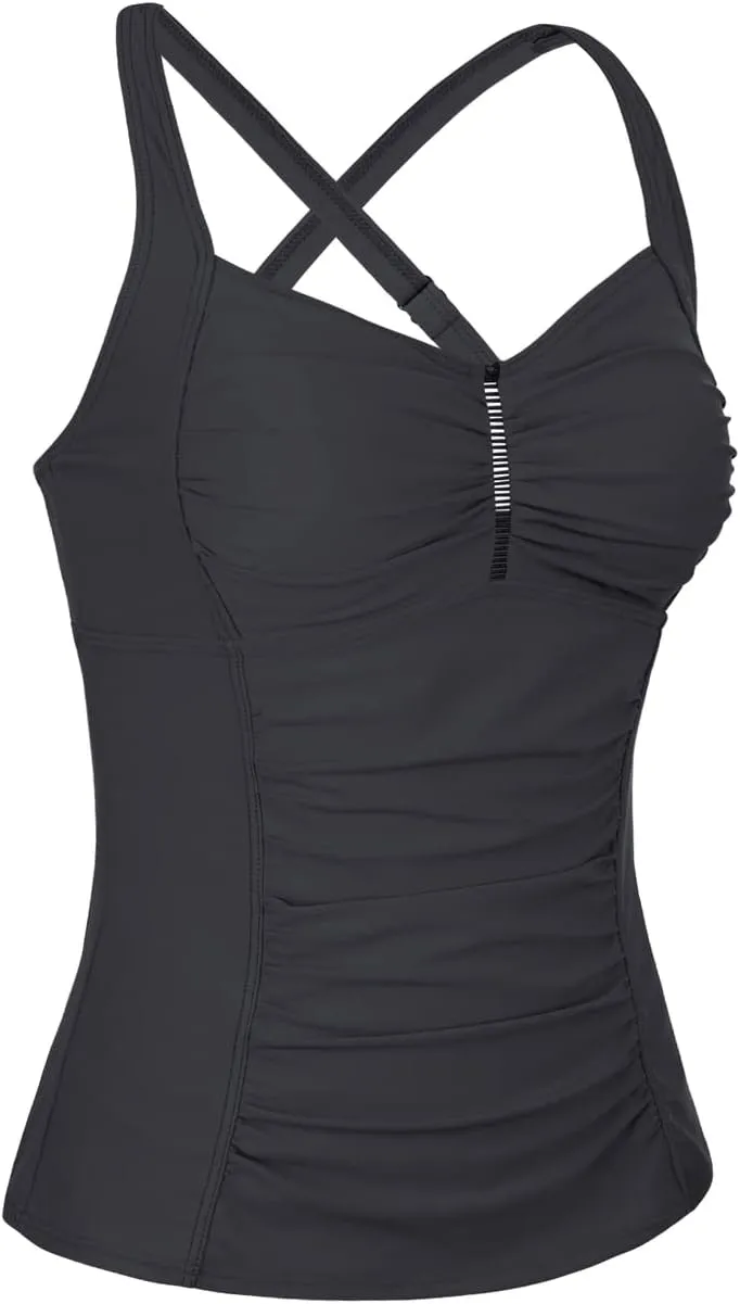 Hilor Women's Tankini Tops Shirred Tummy Control Swimsuits Cross Back Tankini Swimwear Tops