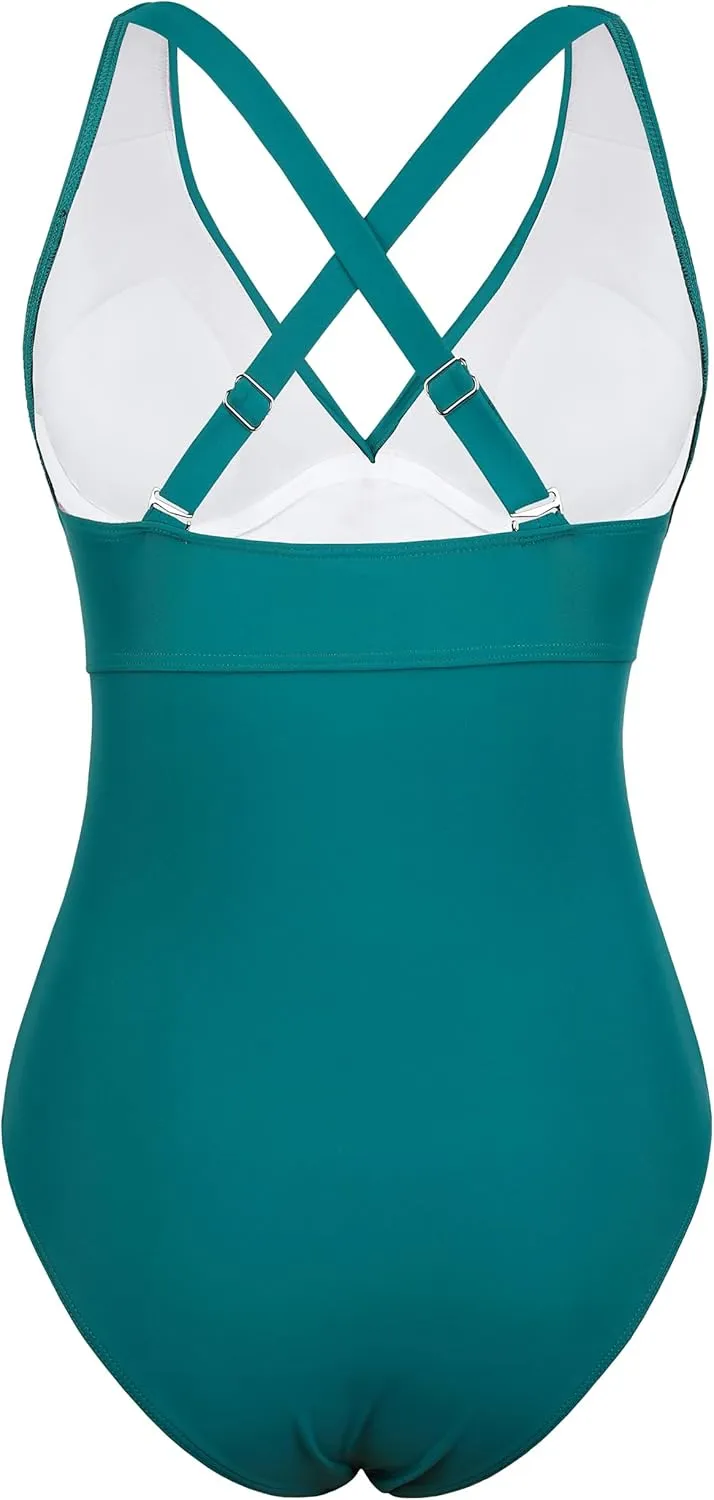 Hilor Women's Underwire One Piece Swimsuits Twist Front Ruched Tummy Control Bathing Suits Crossback Swimwear