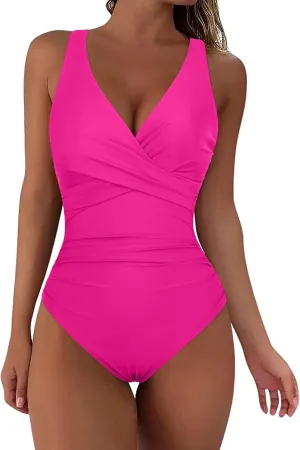 Hilor Women's Underwire One Piece Swimsuits Twist Front Ruched Tummy Control Bathing Suits Crossback Swimwear