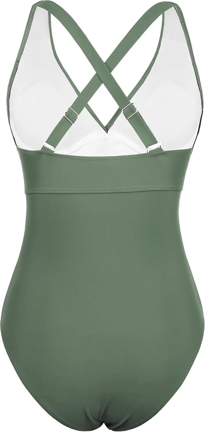 Hilor Women's Underwire One Piece Swimsuits Twist Front Ruched Tummy Control Bathing Suits Crossback Swimwear