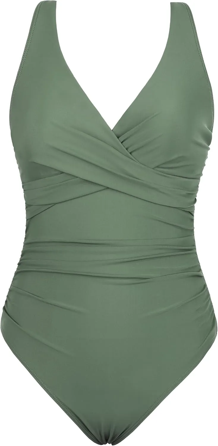 Hilor Women's Underwire One Piece Swimsuits Twist Front Ruched Tummy Control Bathing Suits Crossback Swimwear