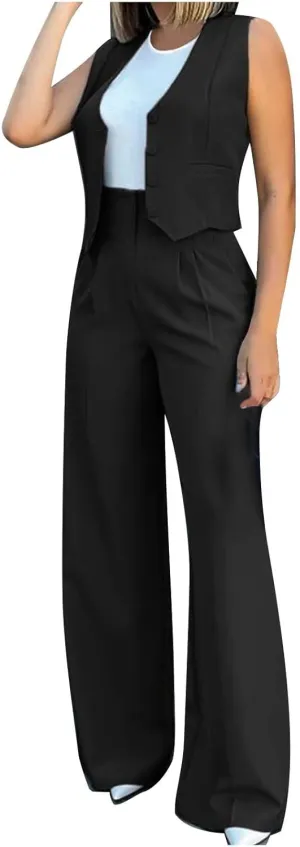 hlysgo Blazer Sets Women 2 Piece Outfits Business Casual Sleeveless Crop Blazer Vest & Wide-Leg Pants Ladies Office Work Set