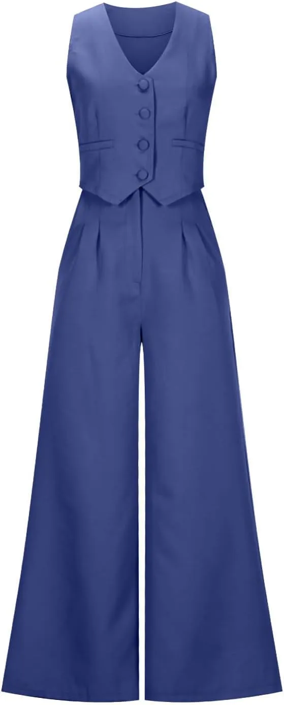 hlysgo Blazer Sets Women 2 Piece Outfits Business Casual Sleeveless Crop Blazer Vest & Wide-Leg Pants Ladies Office Work Set