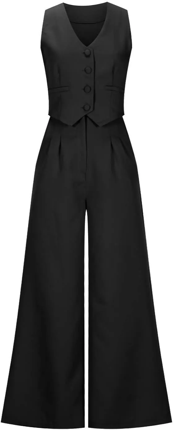 hlysgo Blazer Sets Women 2 Piece Outfits Business Casual Sleeveless Crop Blazer Vest & Wide-Leg Pants Ladies Office Work Set