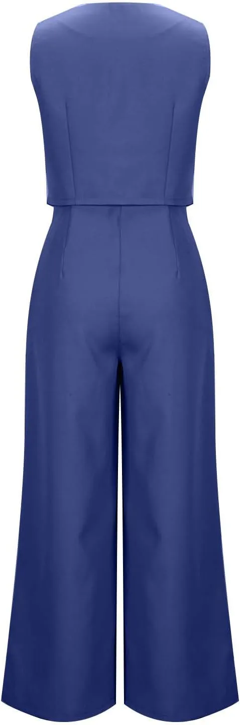 hlysgo Blazer Sets Women 2 Piece Outfits Business Casual Sleeveless Crop Blazer Vest & Wide-Leg Pants Ladies Office Work Set