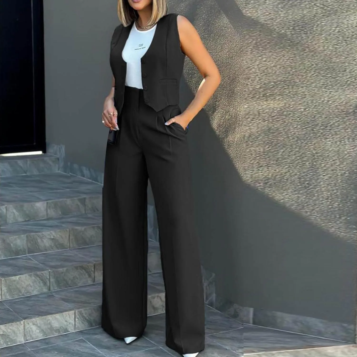 hlysgo Blazer Sets Women 2 Piece Outfits Business Casual Sleeveless Crop Blazer Vest & Wide-Leg Pants Ladies Office Work Set