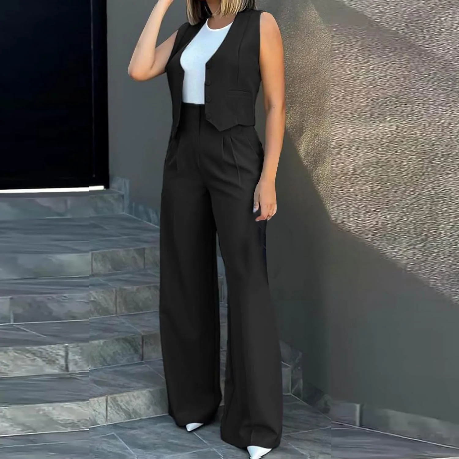 hlysgo Blazer Sets Women 2 Piece Outfits Business Casual Sleeveless Crop Blazer Vest & Wide-Leg Pants Ladies Office Work Set
