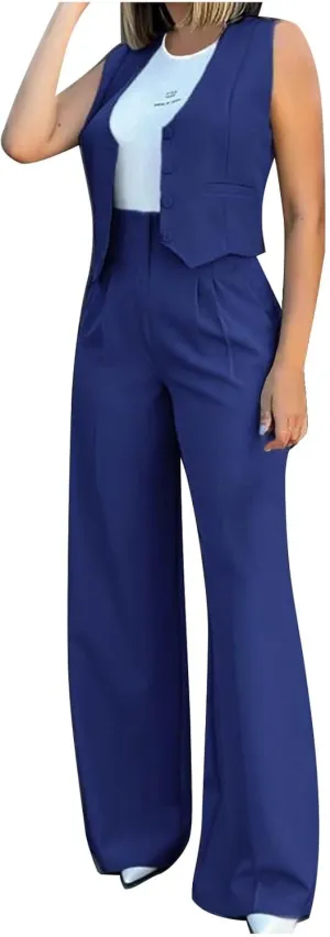 hlysgo Blazer Sets Women 2 Piece Outfits Business Casual Sleeveless Crop Blazer Vest & Wide-Leg Pants Ladies Office Work Set