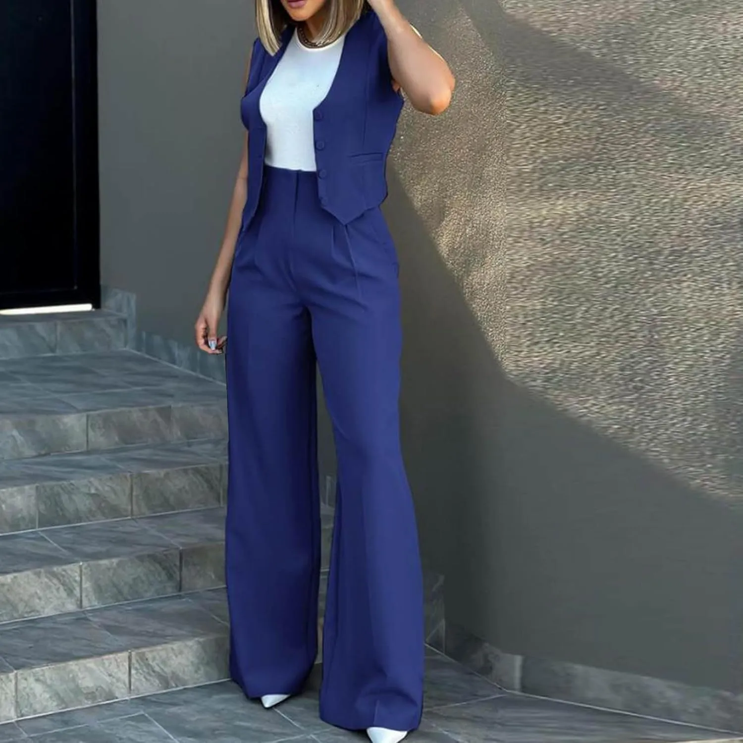 hlysgo Blazer Sets Women 2 Piece Outfits Business Casual Sleeveless Crop Blazer Vest & Wide-Leg Pants Ladies Office Work Set