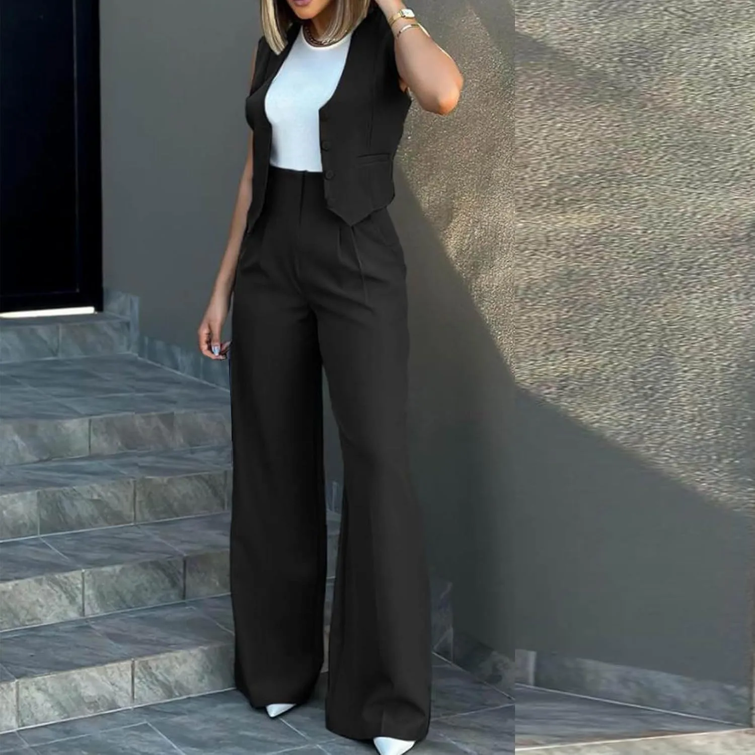 hlysgo Blazer Sets Women 2 Piece Outfits Business Casual Sleeveless Crop Blazer Vest & Wide-Leg Pants Ladies Office Work Set