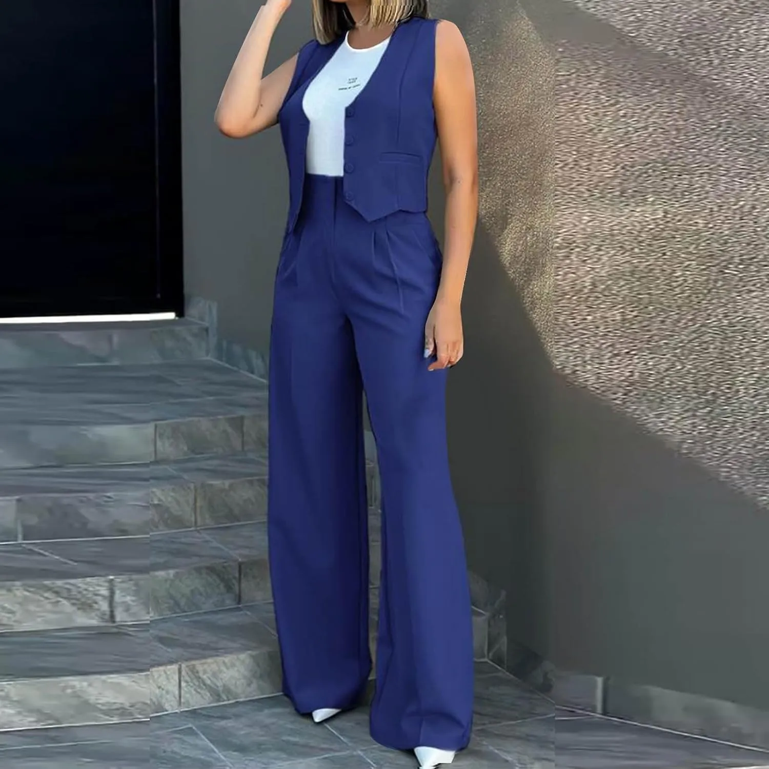 hlysgo Blazer Sets Women 2 Piece Outfits Business Casual Sleeveless Crop Blazer Vest & Wide-Leg Pants Ladies Office Work Set