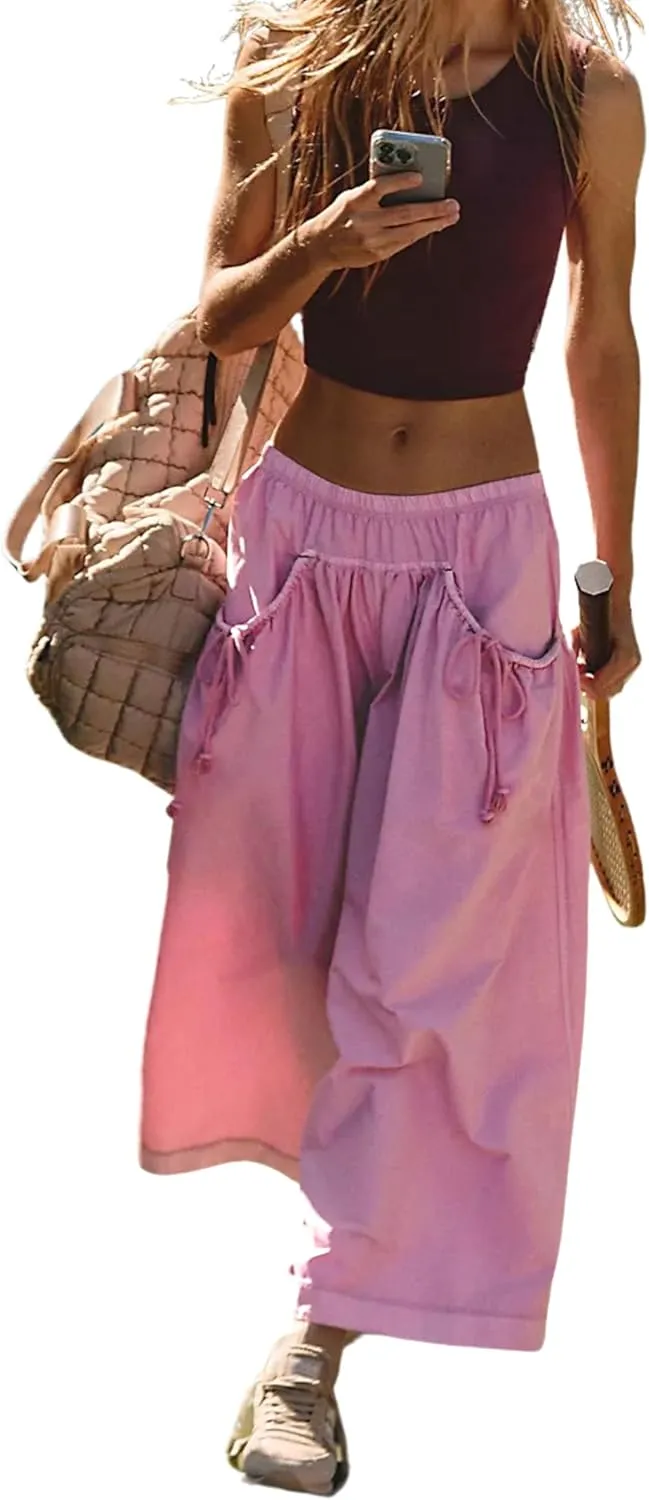 Hooever Women's Loose Wide Leg Track Pants Drawstring Pockets Elastic Waist Capri Hiking Pants