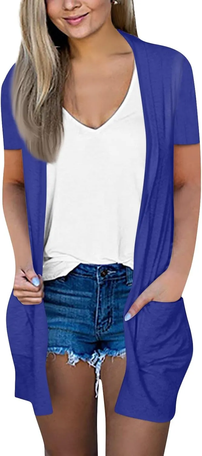 HXHYQKP Summer Cardigans for Women Lightweight Short Sleeve Open Front Casual Cover Ups with Pockets