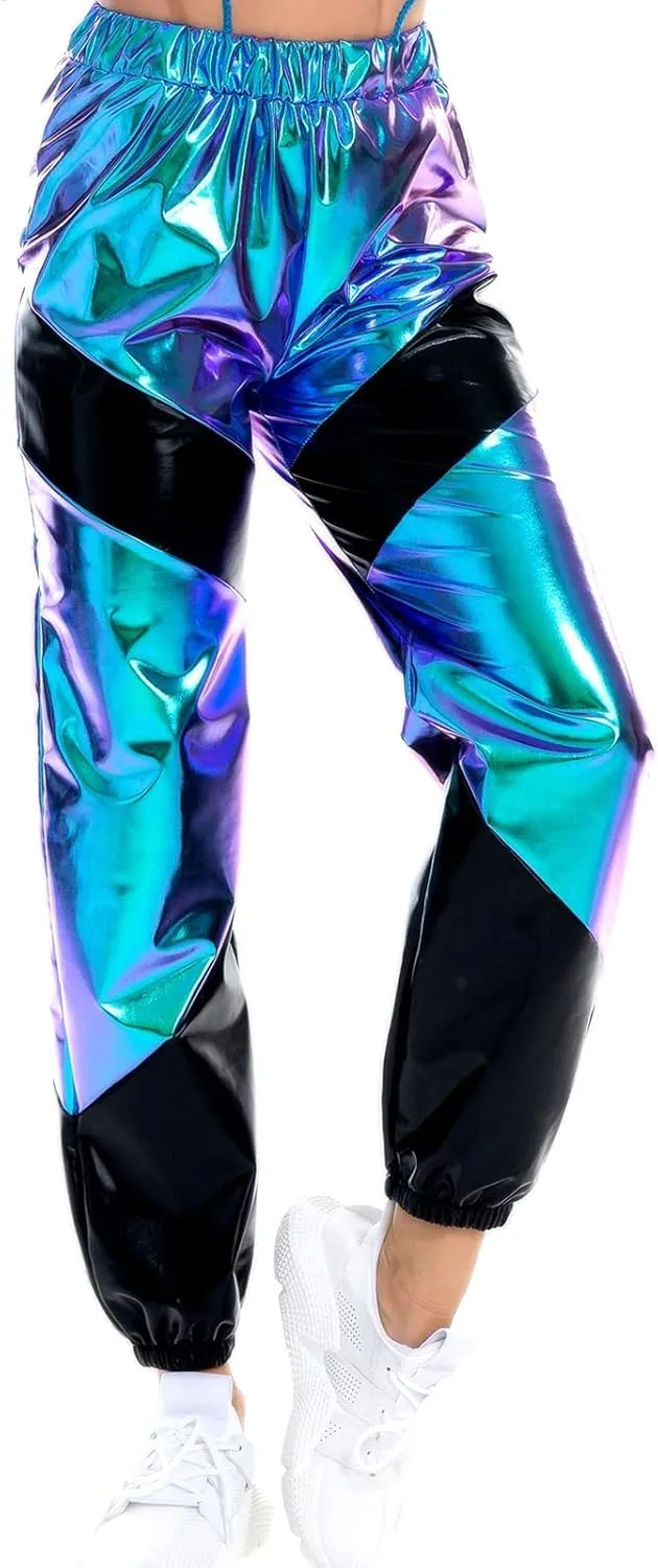 IWEMEK Women Metallic Punk Holographic Leggings Pants Hip Hop Disco Activewear Jogger High Waisted Sweatpants with Pockets