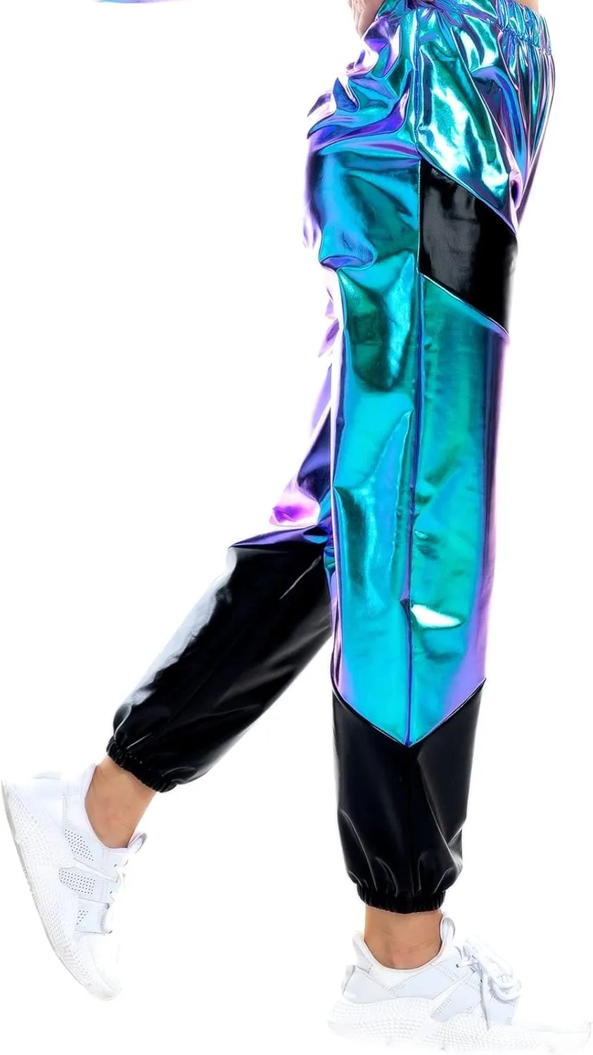 IWEMEK Women Metallic Punk Holographic Leggings Pants Hip Hop Disco Activewear Jogger High Waisted Sweatpants with Pockets