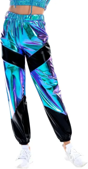IWEMEK Women Metallic Punk Holographic Leggings Pants Hip Hop Disco Activewear Jogger High Waisted Sweatpants with Pockets