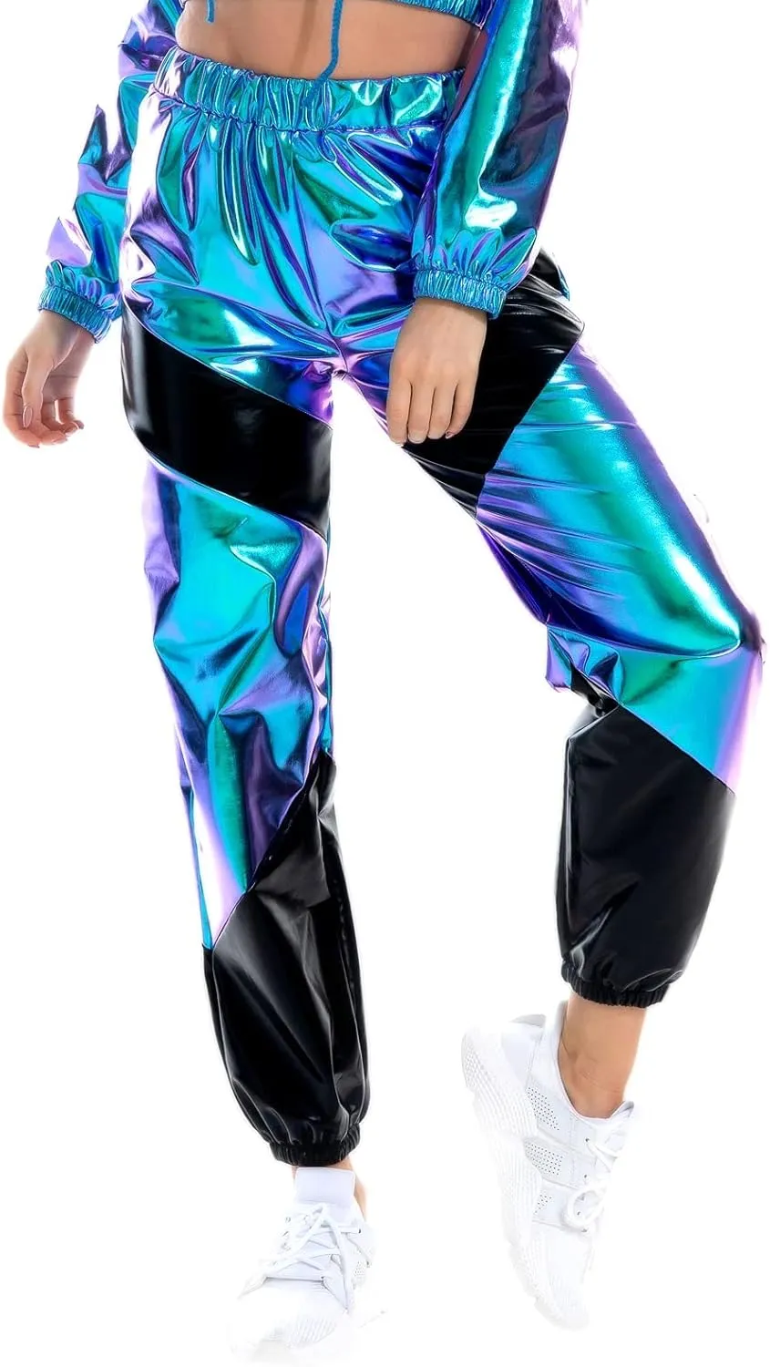IWEMEK Women Metallic Punk Holographic Leggings Pants Hip Hop Disco Activewear Jogger High Waisted Sweatpants with Pockets