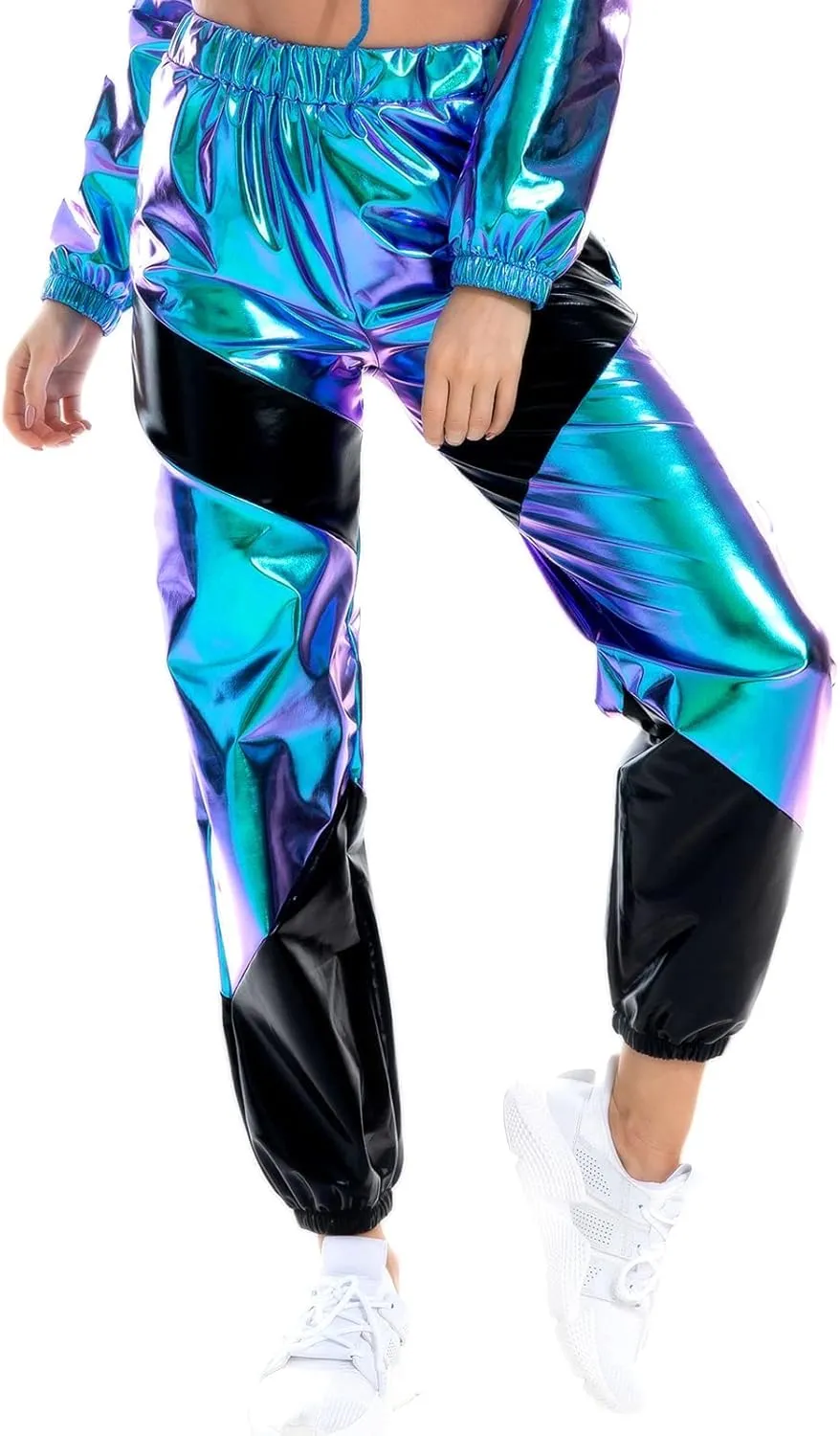 IWEMEK Women Metallic Punk Holographic Leggings Pants Hip Hop Disco Activewear Jogger High Waisted Sweatpants with Pockets