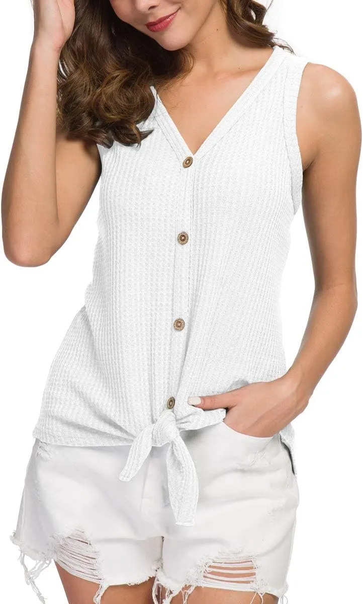 IWOLLENCE Womens Loose Henley Blouse Sleeveless Button Down T Shirts Tie Front Knot Tops