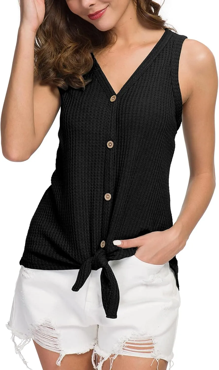 IWOLLENCE Womens Loose Henley Blouse Sleeveless Button Down T Shirts Tie Front Knot Tops