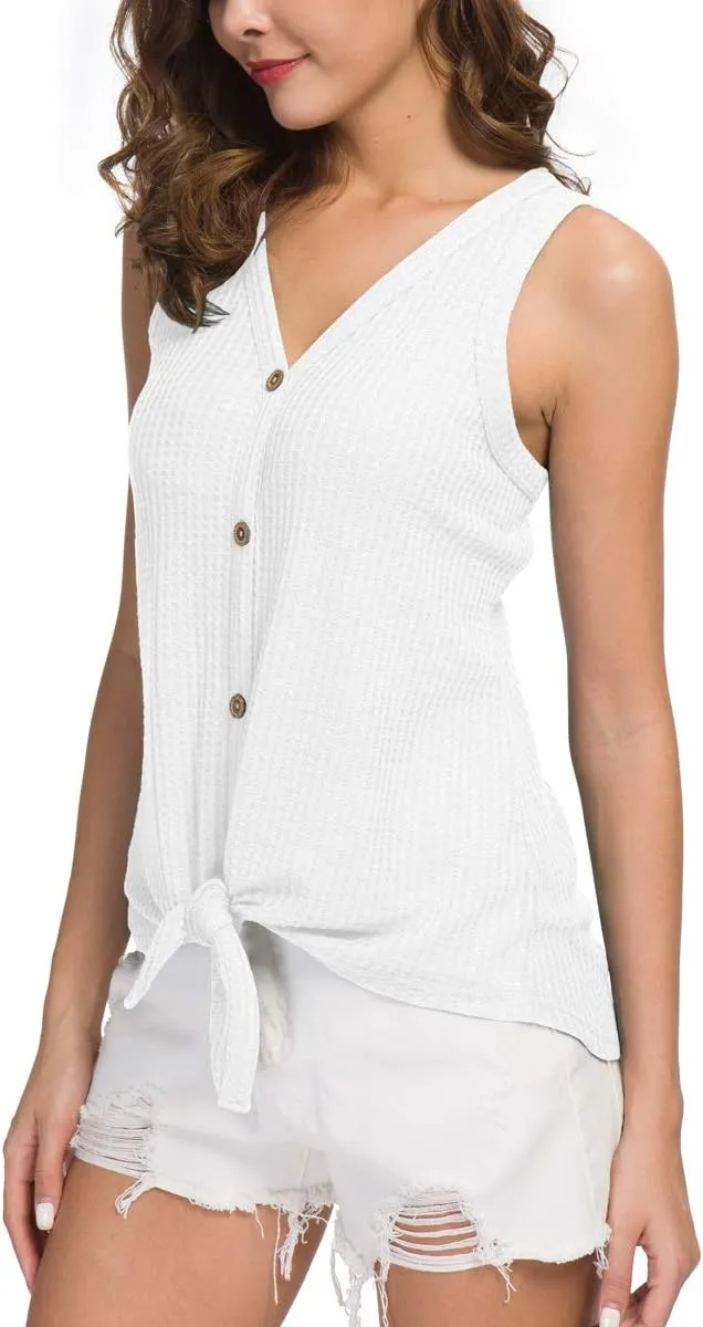 IWOLLENCE Womens Loose Henley Blouse Sleeveless Button Down T Shirts Tie Front Knot Tops