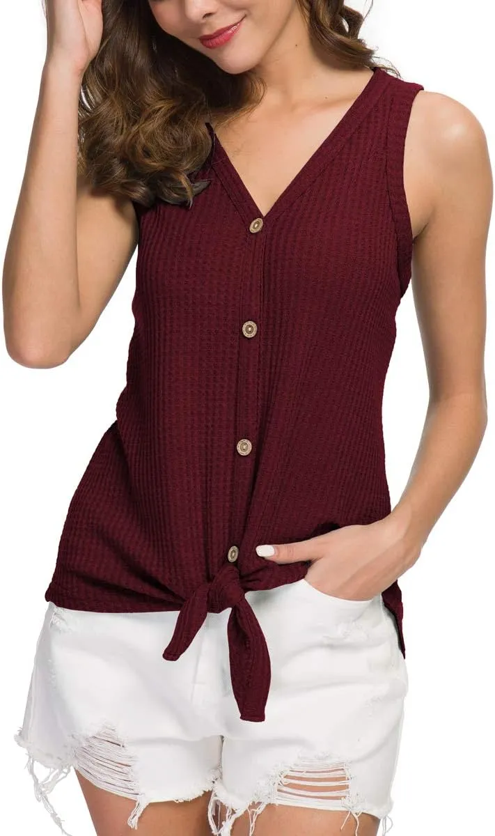 IWOLLENCE Womens Loose Henley Blouse Sleeveless Button Down T Shirts Tie Front Knot Tops