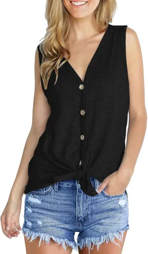 IWOLLENCE Womens Loose Henley Blouse Sleeveless Button Down T Shirts Tie Front Knot Tops