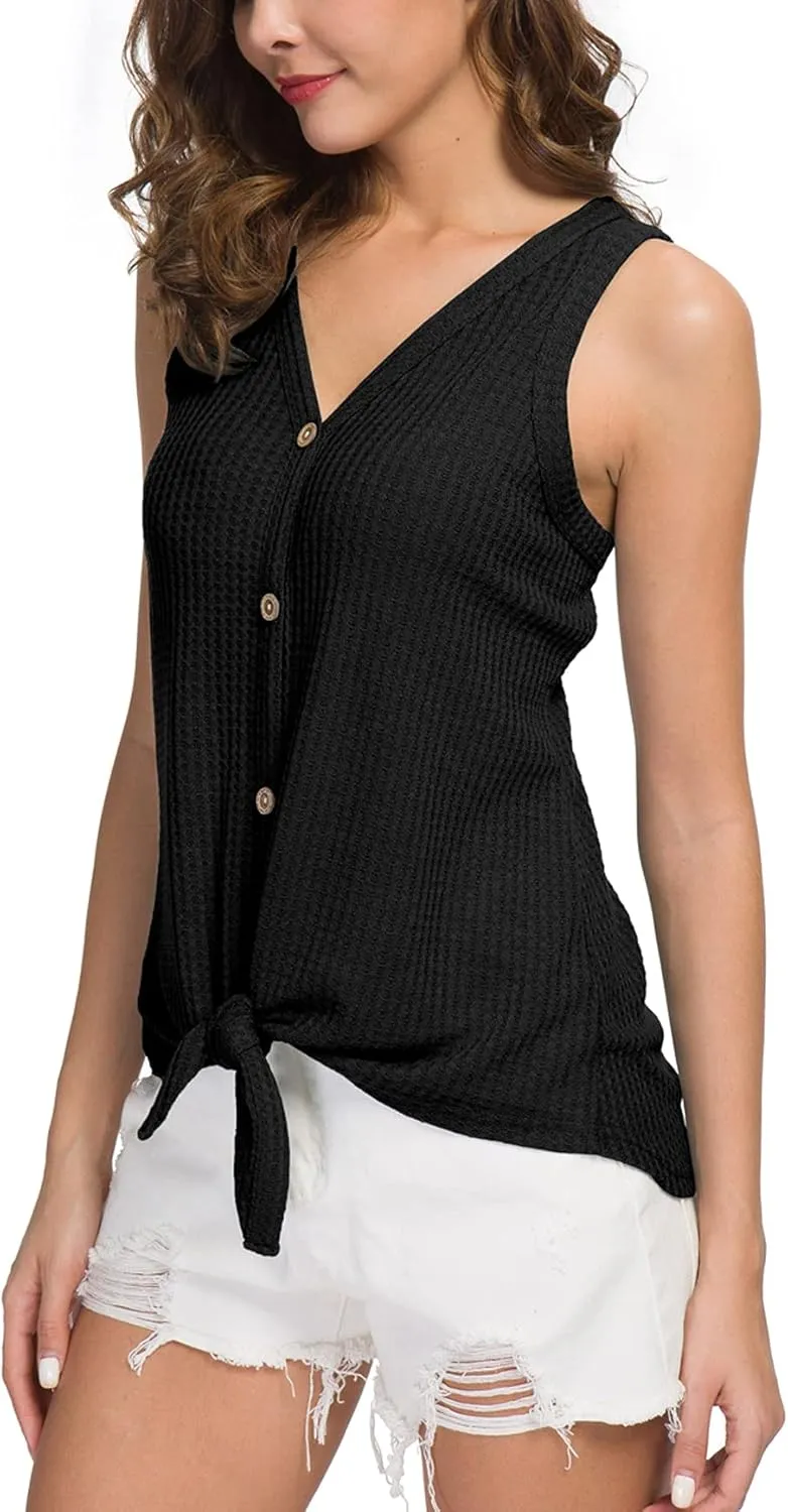 IWOLLENCE Womens Loose Henley Blouse Sleeveless Button Down T Shirts Tie Front Knot Tops