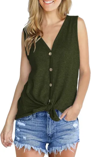 IWOLLENCE Womens Loose Henley Blouse Sleeveless Button Down T Shirts Tie Front Knot Tops