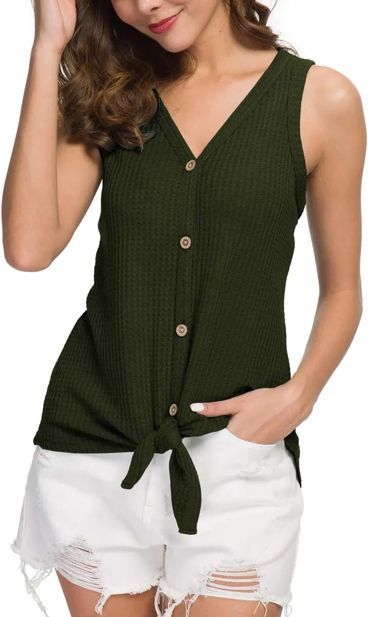 IWOLLENCE Womens Loose Henley Blouse Sleeveless Button Down T Shirts Tie Front Knot Tops