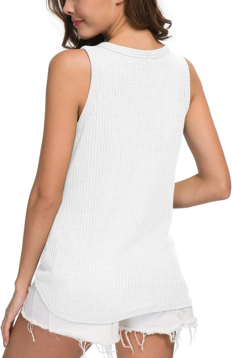 IWOLLENCE Womens Loose Henley Blouse Sleeveless Button Down T Shirts Tie Front Knot Tops