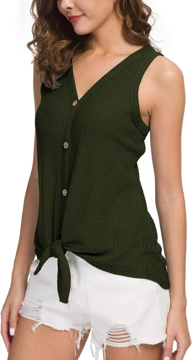 IWOLLENCE Womens Loose Henley Blouse Sleeveless Button Down T Shirts Tie Front Knot Tops
