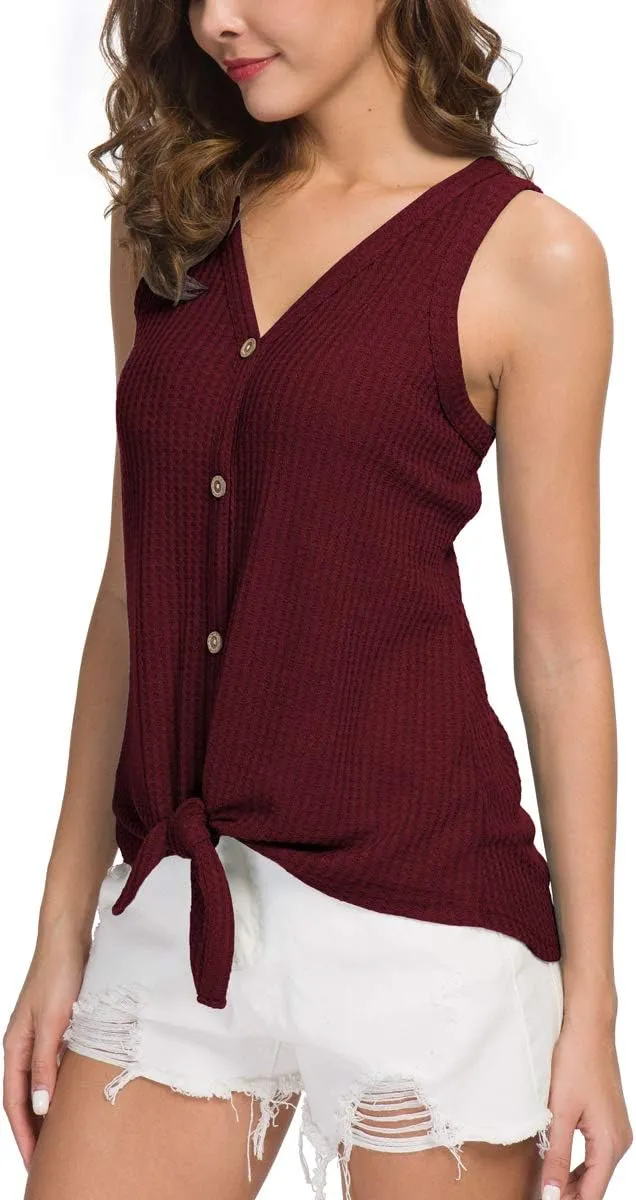 IWOLLENCE Womens Loose Henley Blouse Sleeveless Button Down T Shirts Tie Front Knot Tops