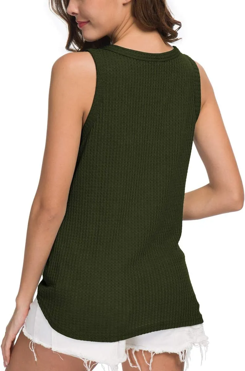 IWOLLENCE Womens Loose Henley Blouse Sleeveless Button Down T Shirts Tie Front Knot Tops
