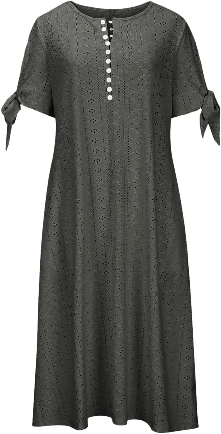 JIEMUXIU Maxi Dresses for Women 2025 Trendy Short Sleeve Eyelet Tshirt Long Dress Casual Summer Boho Beach Vacation Sundress