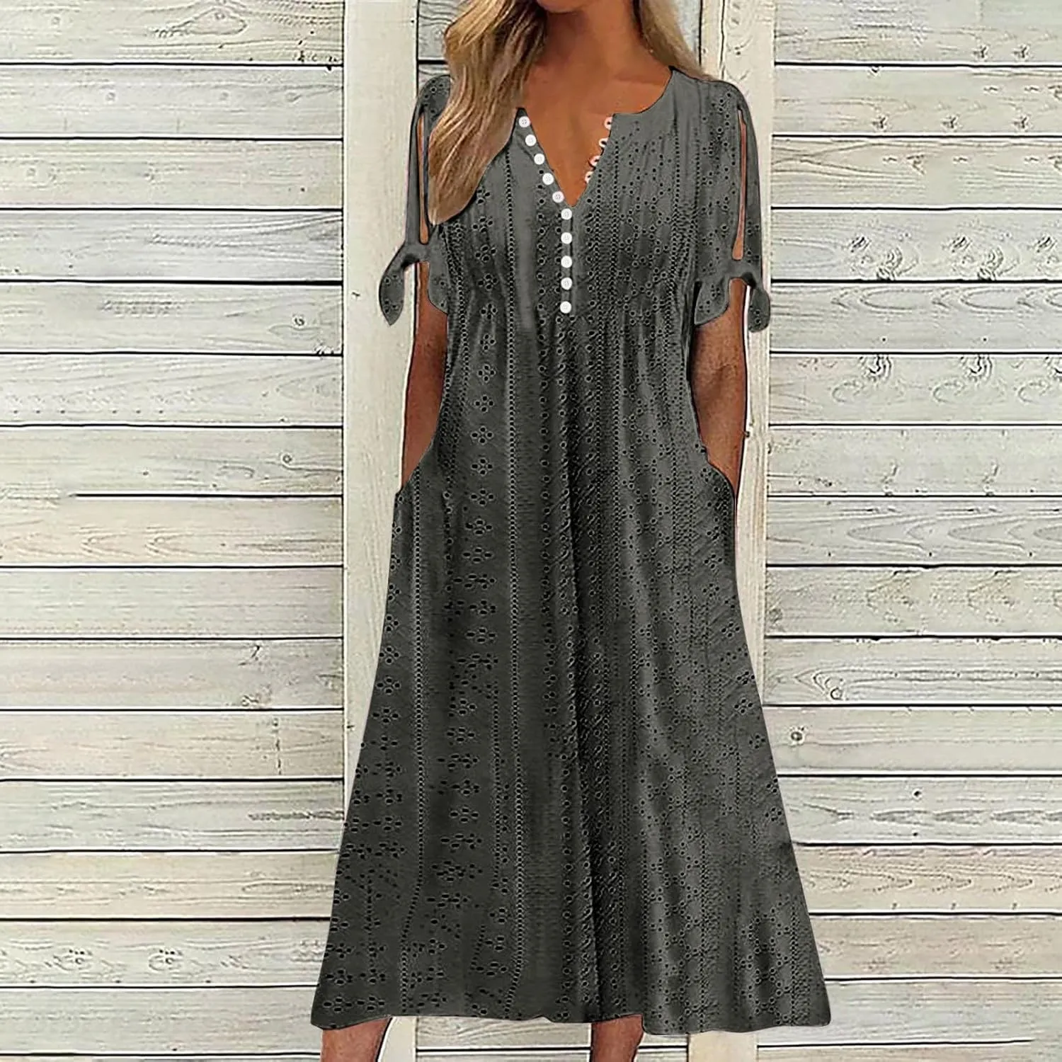 JIEMUXIU Maxi Dresses for Women 2025 Trendy Short Sleeve Eyelet Tshirt Long Dress Casual Summer Boho Beach Vacation Sundress