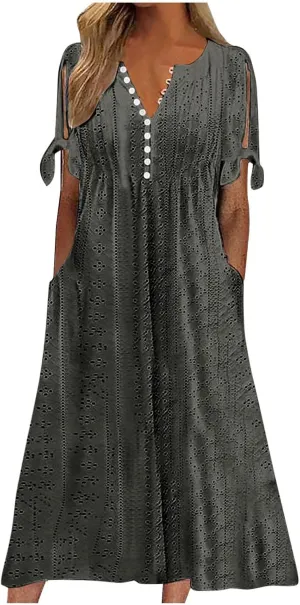 JIEMUXIU Maxi Dresses for Women 2025 Trendy Short Sleeve Eyelet Tshirt Long Dress Casual Summer Boho Beach Vacation Sundress