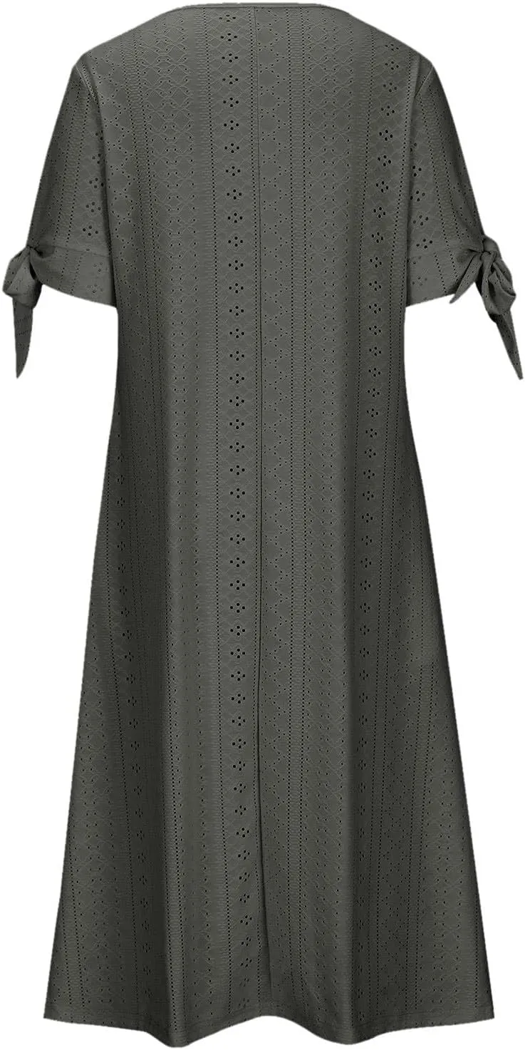 JIEMUXIU Maxi Dresses for Women 2025 Trendy Short Sleeve Eyelet Tshirt Long Dress Casual Summer Boho Beach Vacation Sundress