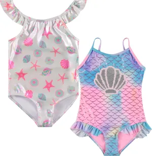 Kids Girls 2 Pack Bathing Suit, Childrens Printed Beach Swimwear