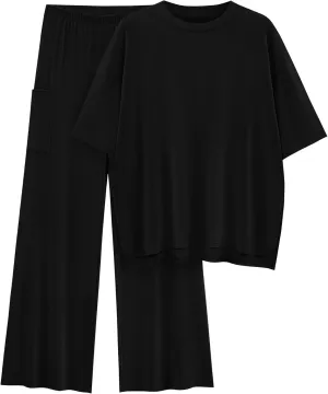 KIRUNDO Womens 2 Piece Outfits 2025 Summer Casual Loose Short Sleeve Pullover Tops & Wide Leg Pants Lounge Sets Tracksuit