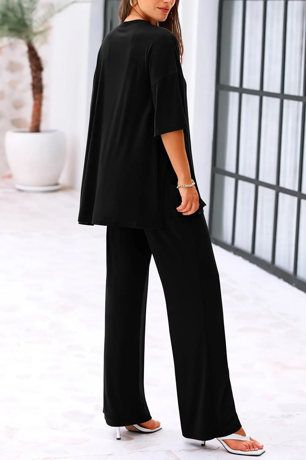 KIRUNDO Womens 2 Piece Outfits 2025 Summer Casual Loose Short Sleeve Pullover Tops & Wide Leg Pants Lounge Sets Tracksuit
