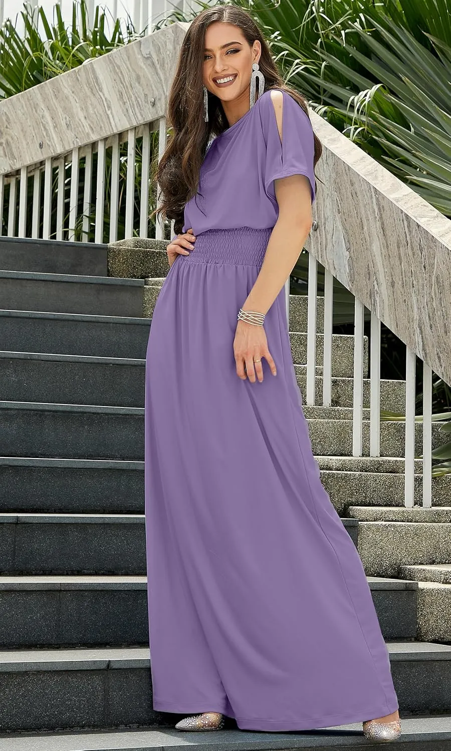KOH KOH Womens Split Sleeves Smocked Elegant Cocktail Long Maxi Dress