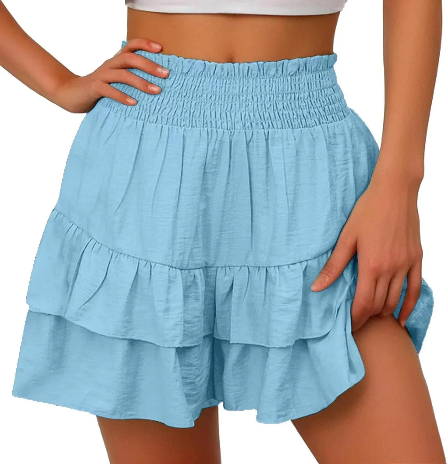 Kubbon Womens Flowy Shorts Smocked High Waisted Wide Leg Shorts Casual Loose Tiered Beach Skorts Summer Vacation Outfits