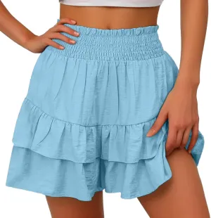Kubbon Womens Flowy Shorts Smocked High Waisted Wide Leg Shorts Casual Loose Tiered Beach Skorts Summer Vacation Outfits