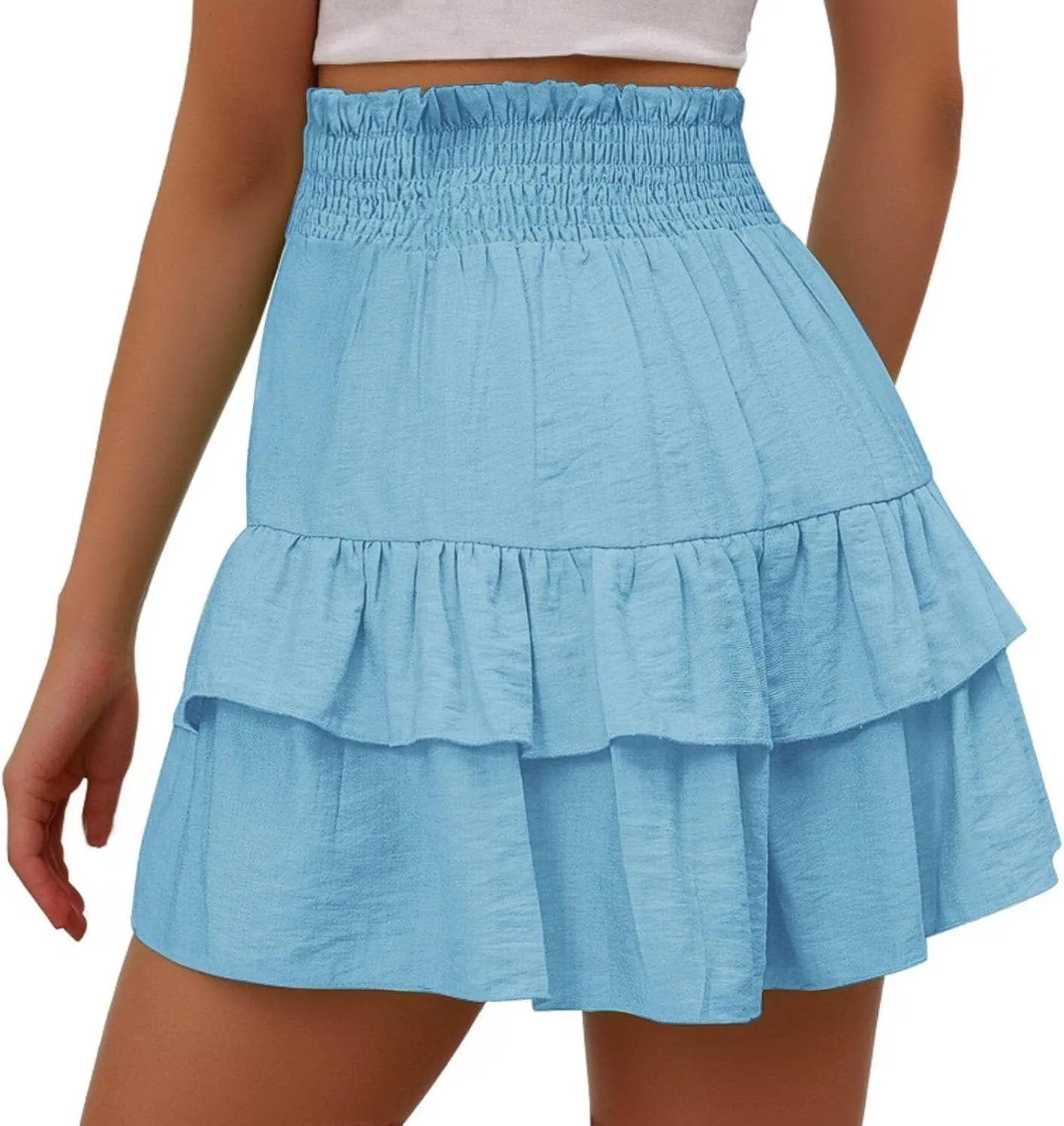 Kubbon Womens Flowy Shorts Smocked High Waisted Wide Leg Shorts Casual Loose Tiered Beach Skorts Summer Vacation Outfits