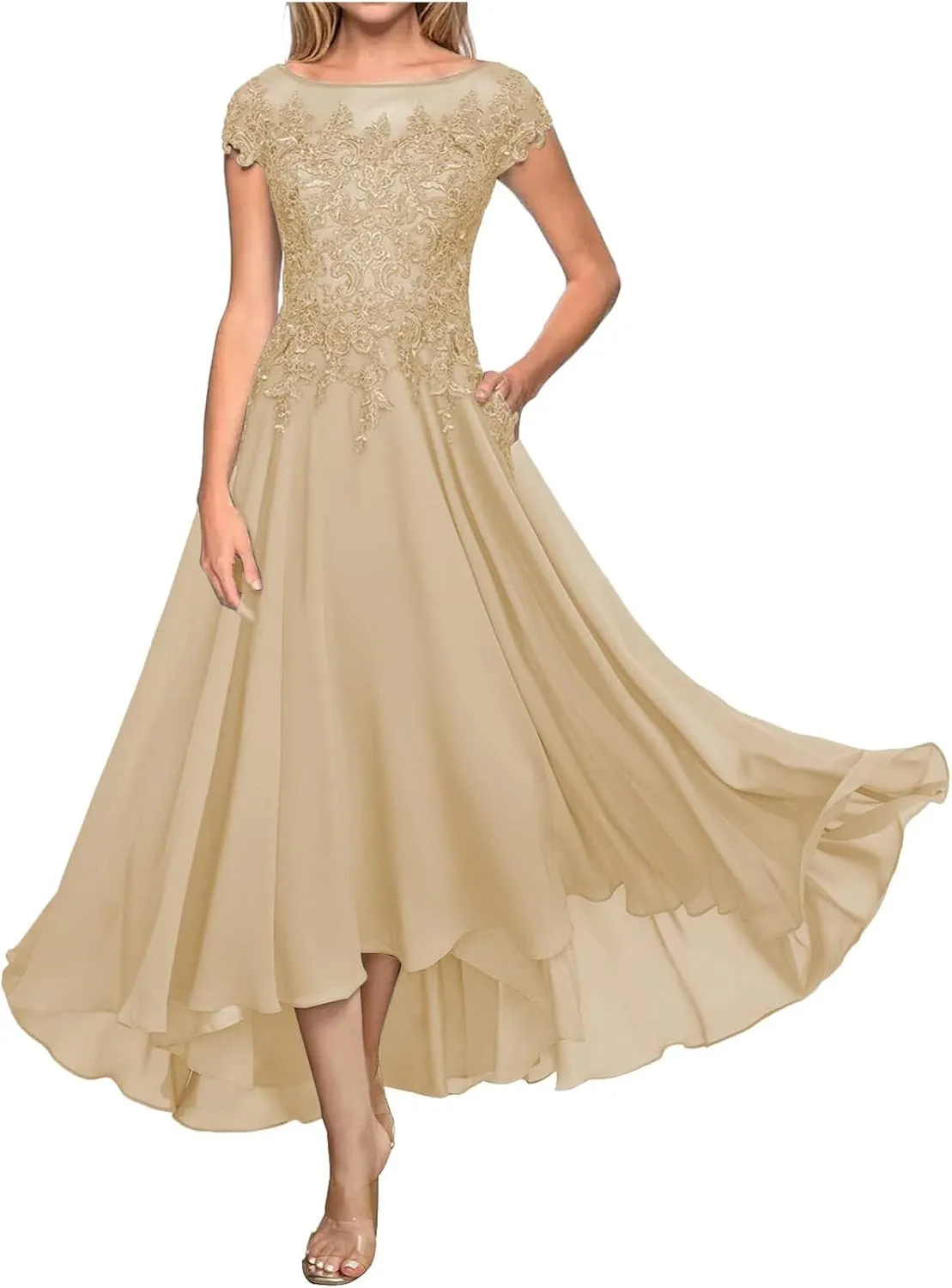 Lace Appliques Chiffon Mother of The Bride Dresses Tea Length Boat Neck A-Line Evening Gown Wedding Guest Formal Dress