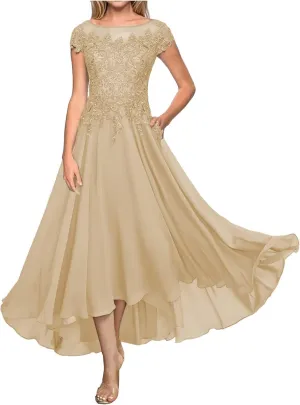 Lace Appliques Chiffon Mother of The Bride Dresses Tea Length Boat Neck A-Line Evening Gown Wedding Guest Formal Dress